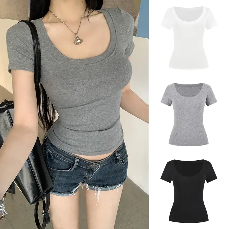 纯欲风U领正肩短袖T恤性感修身百搭设计感春夏季纯色辣妹短款上衣