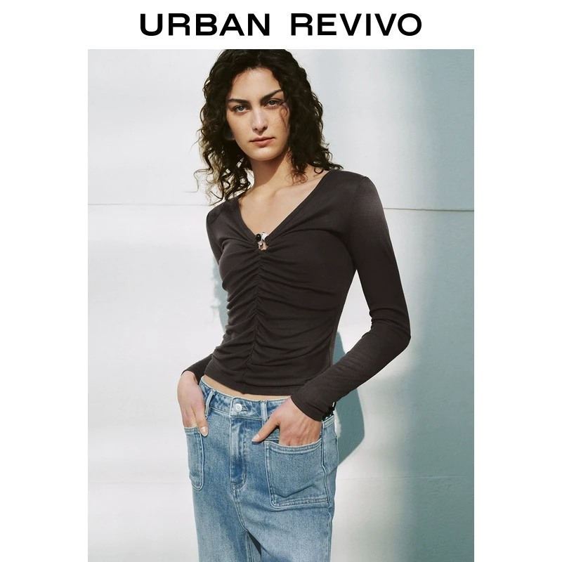 UR2025春季新款女装欧若风摩登气质金属环褶皱修身T恤UWH450017