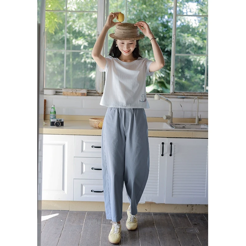 红念雾霾蓝棉质直筒裤休闲裤女宽松夏季2025年新款百搭气质长裤子