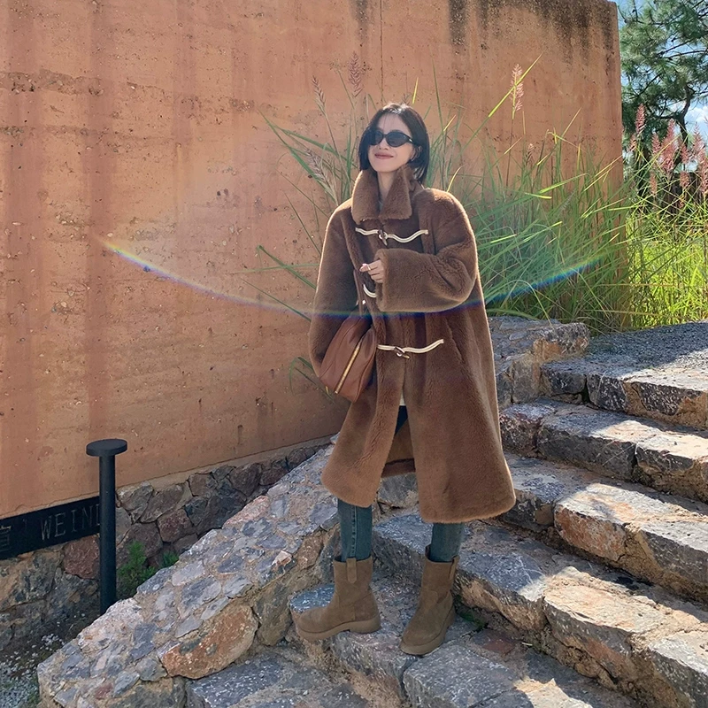 美利奴绵羊毛麂皮绒复合一体羊剪绒皮草 牛角扣长/短外套QP233022