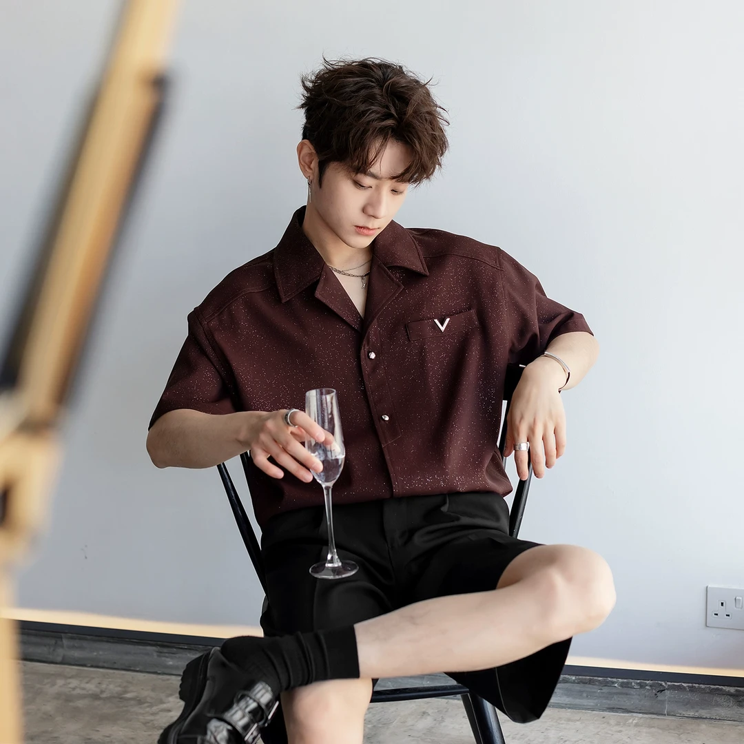 CHICERRO西西里男装重磅设计感闪粉满天星古巴领衬衫短袖小众时尚