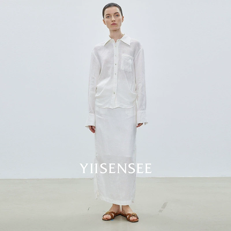 YIISENSEE逸识高级感穿搭2025早春老钱风亚麻长裙衬衫领半裙套装
