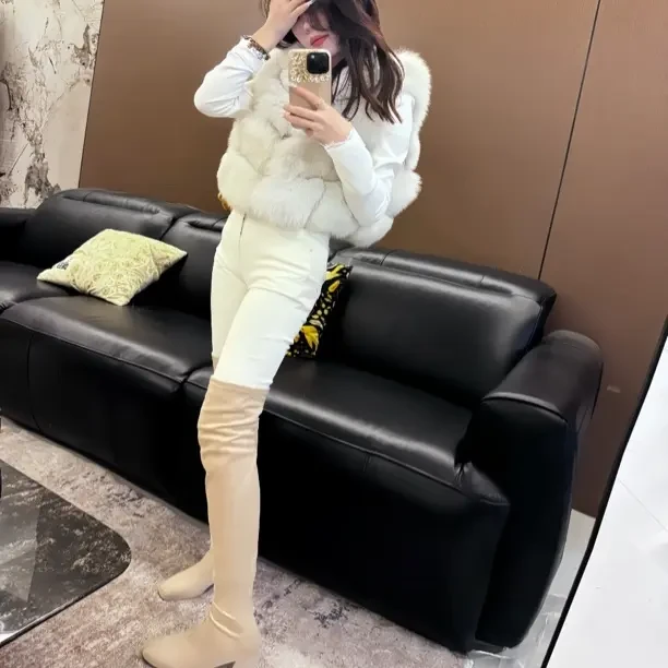 韩国博主狐狸毛毛外套女2024冬季马甲韩版短款修身显瘦名媛气质