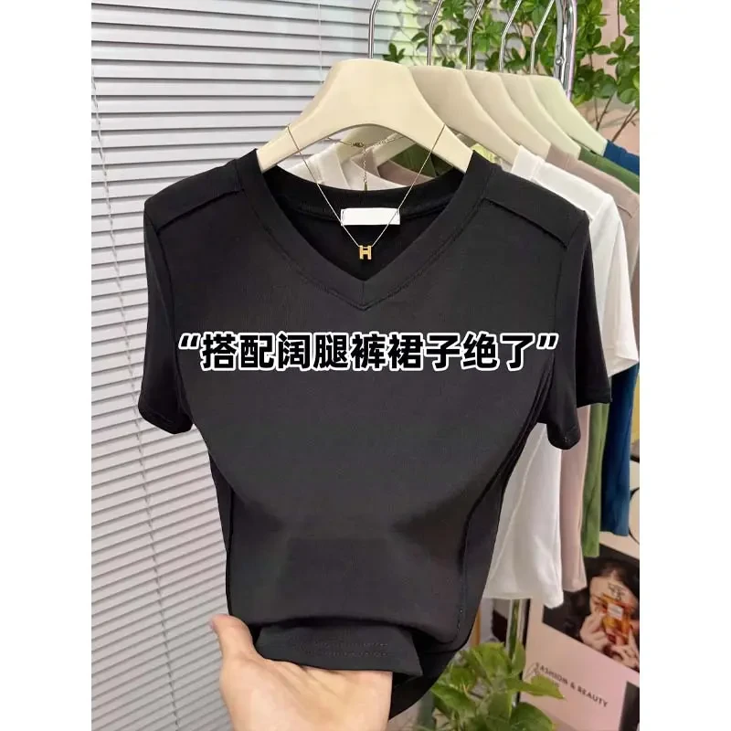 2025夏季显瘦设计感若风鱼骨修身上衣简约韩系百搭V领短袖t恤衫