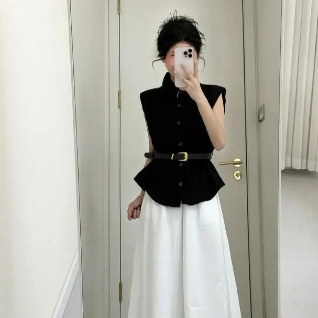 2025夏季新款韩系穿搭高级感黑色衬衫上衣搭配高腰阔腿裤两件套女