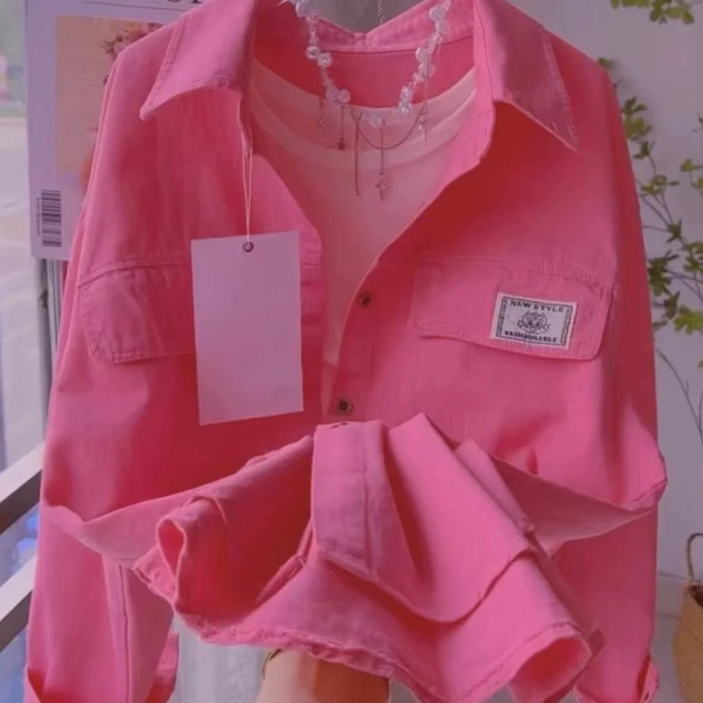 玫红色甜美小个子Polo领衬衫女秋冬韩版宽松休闲衬衣上衣短款外套