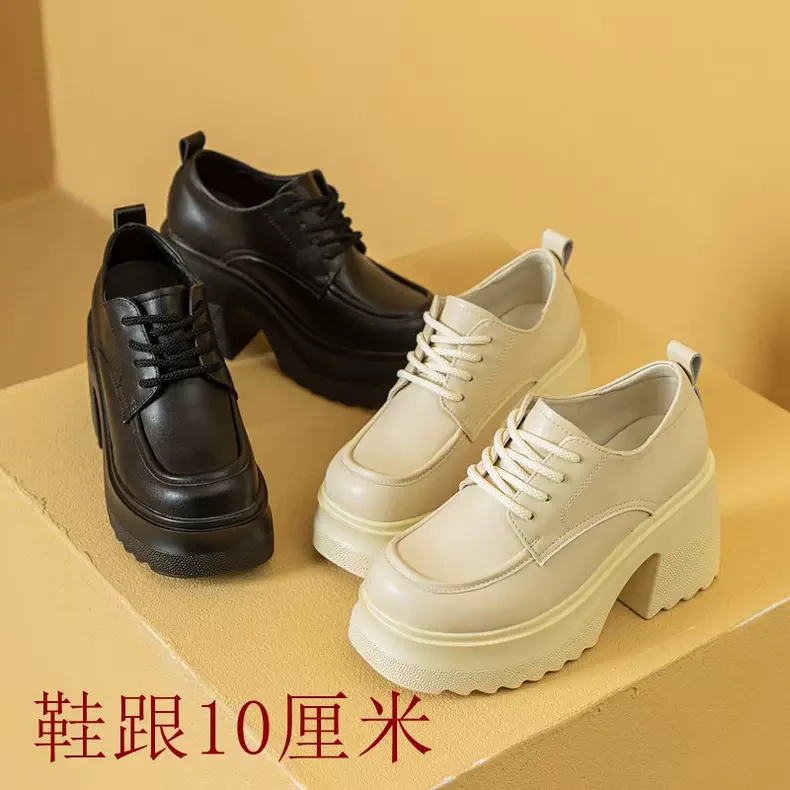 粗跟休闲厚底10厘米小皮鞋2024春秋新款内增高百搭真皮女士单鞋子