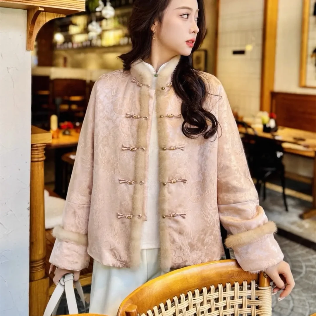 水貂毛拼接新中式高端提花棉衣棉服女冬装新款超好看国风夹棉外套