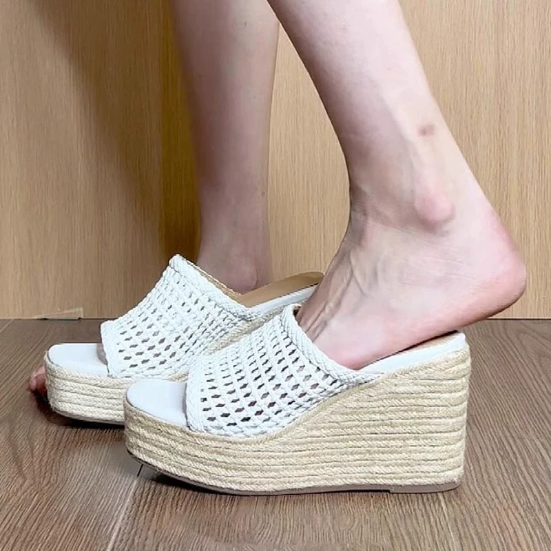 复古超高跟坡跟编织半拖鞋女2025夏季新款小个子增高松糕鞋一字拖