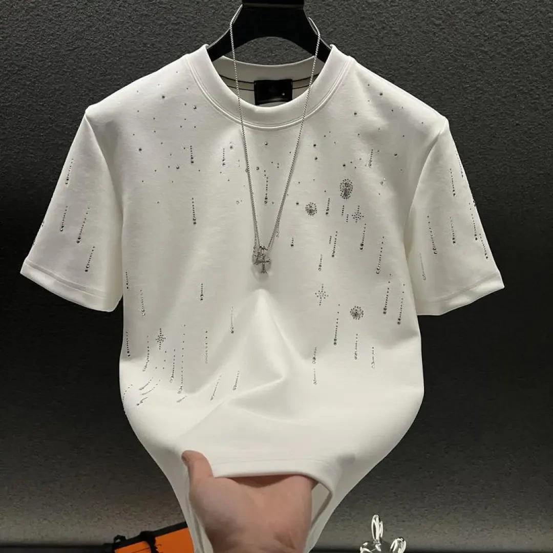 2025春秋新款休闲男士上衣轻奢爆款高定流星夏季男士流星满钻T恤
