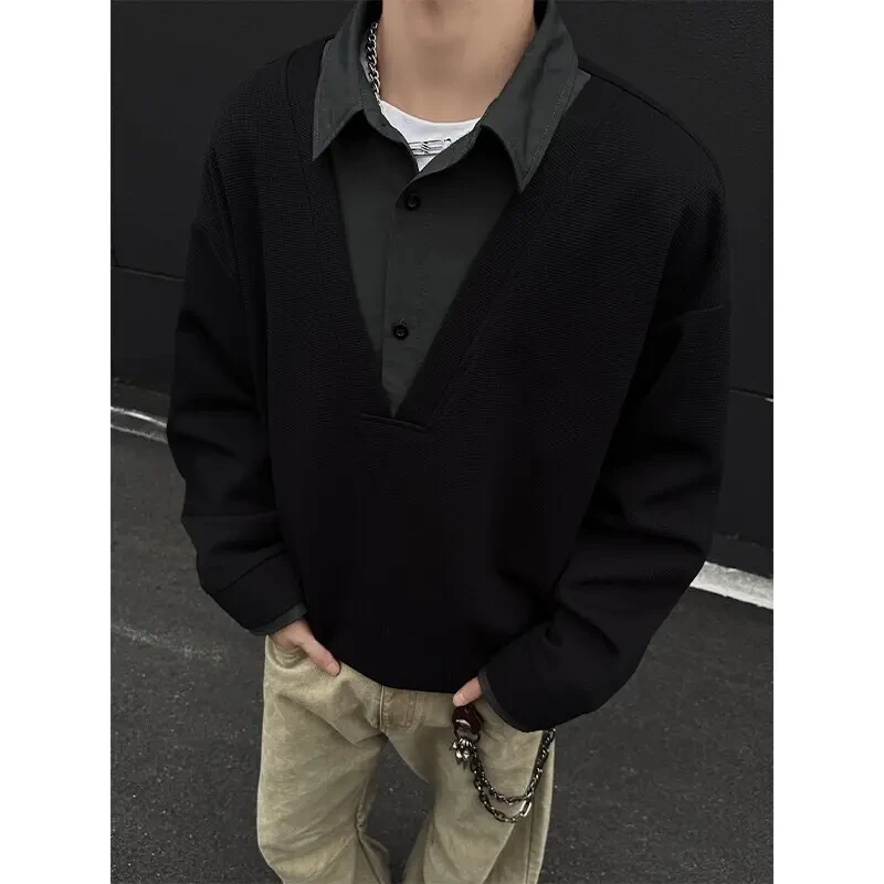 假两件拼接翻领质感卫衣男春秋美式复古潮牌痞帅硬挺大码中山外套