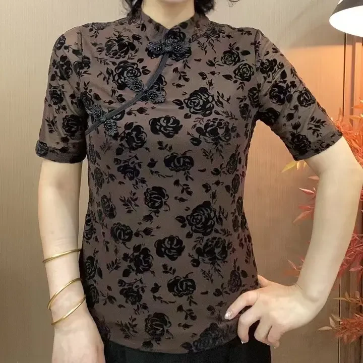 2025夏季新款时尚复古盘扣短袖气质百搭洋气提花女士上衣打底衫0