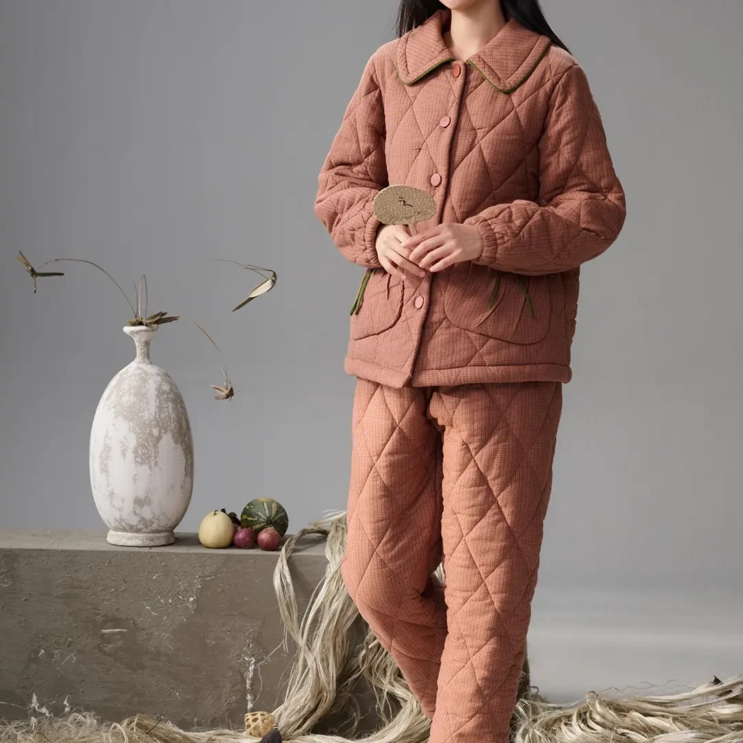 安家冬季三层夹棉加厚可外穿女士纯棉格子家居服