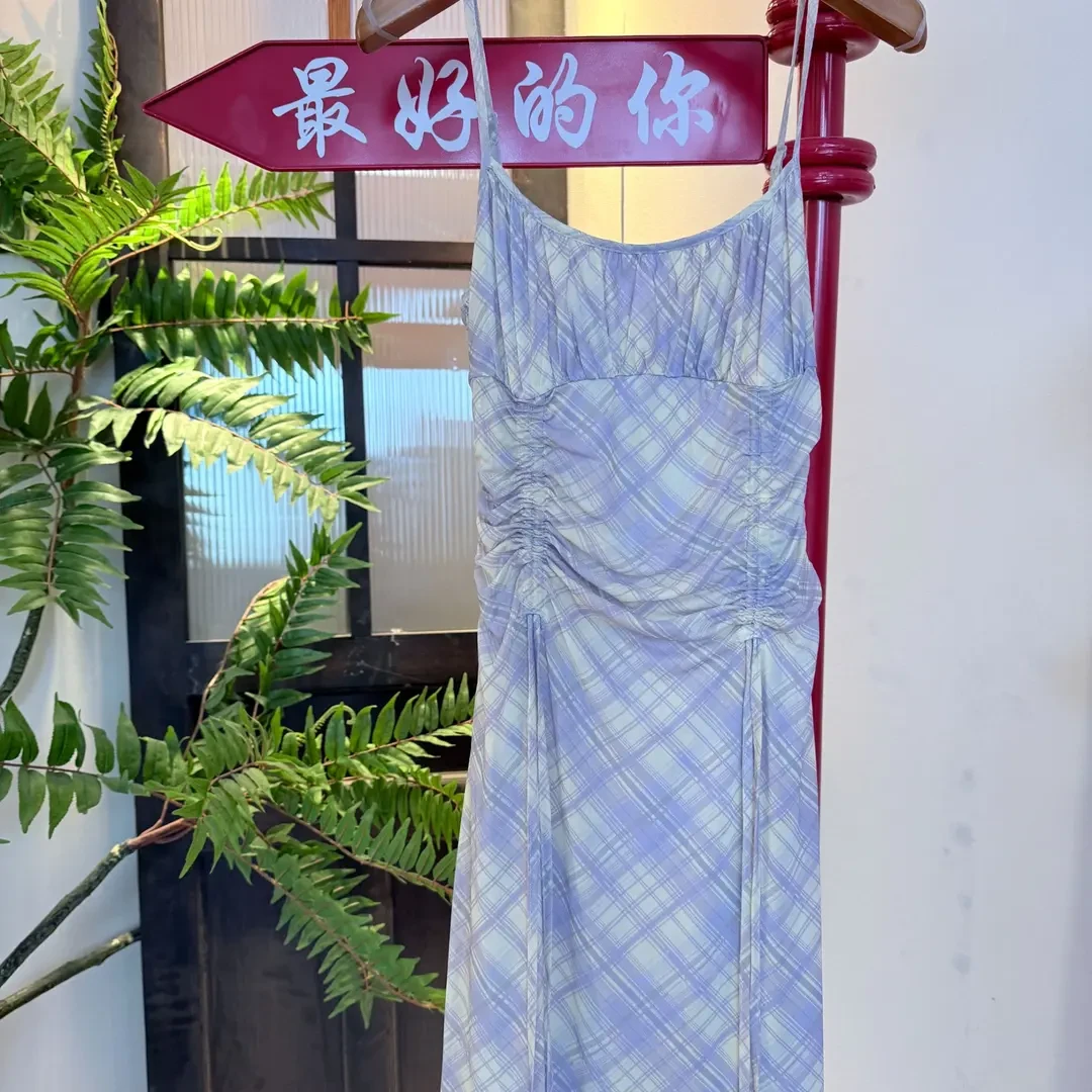 西町村屋菱形格纹抽褶吊带连衣裙XAAB10314