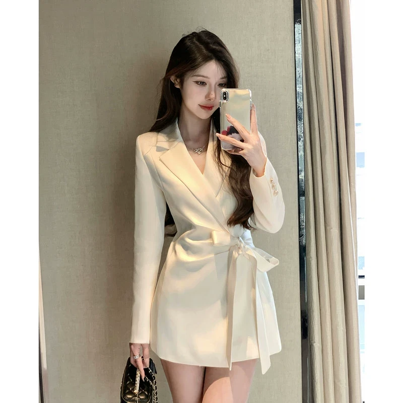 2025春秋新款法式气质名媛收腰绑带缎面西装外套女高级感休闲西服