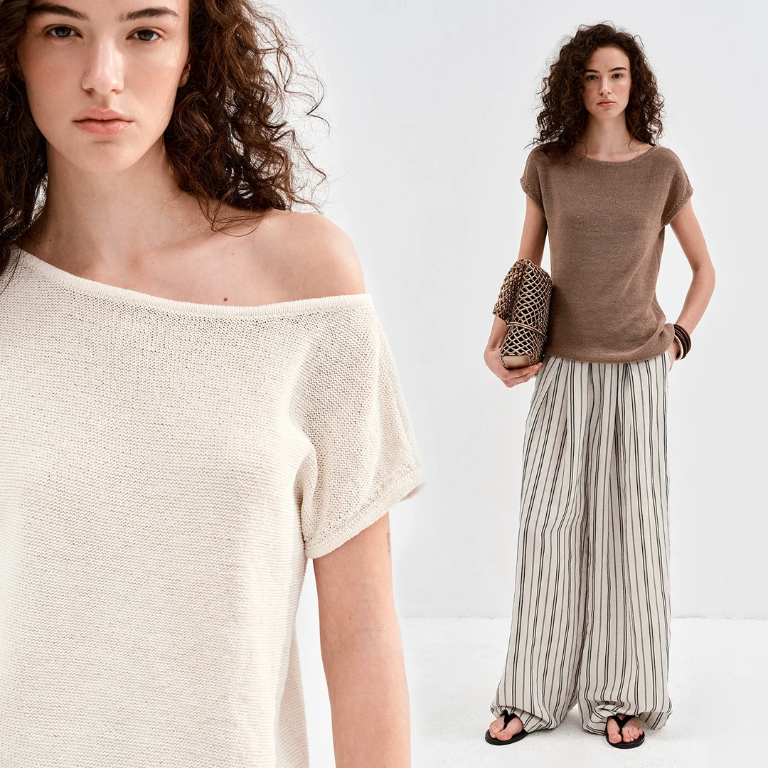 INYASAKO干爽棉麻两穿一字/斜肩领型慵懒时髦短袖针织衫