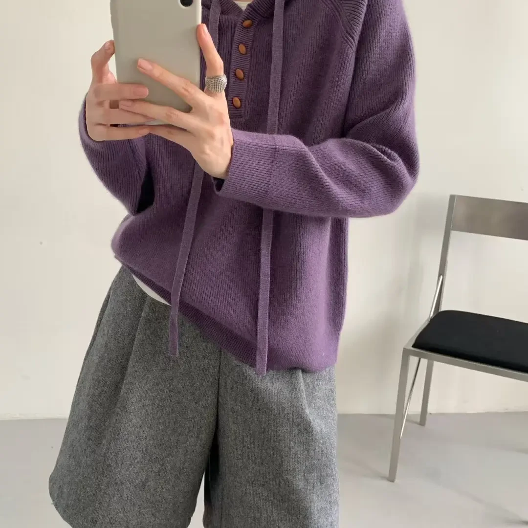 秋冬季新款韩版连帽针织衫女宽松慵懒风显瘦内搭外穿百搭毛衣