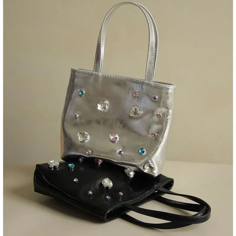 手提水钻包包女春2025春夏新款潮时尚银色小托特包辣妹单肩斜挎包