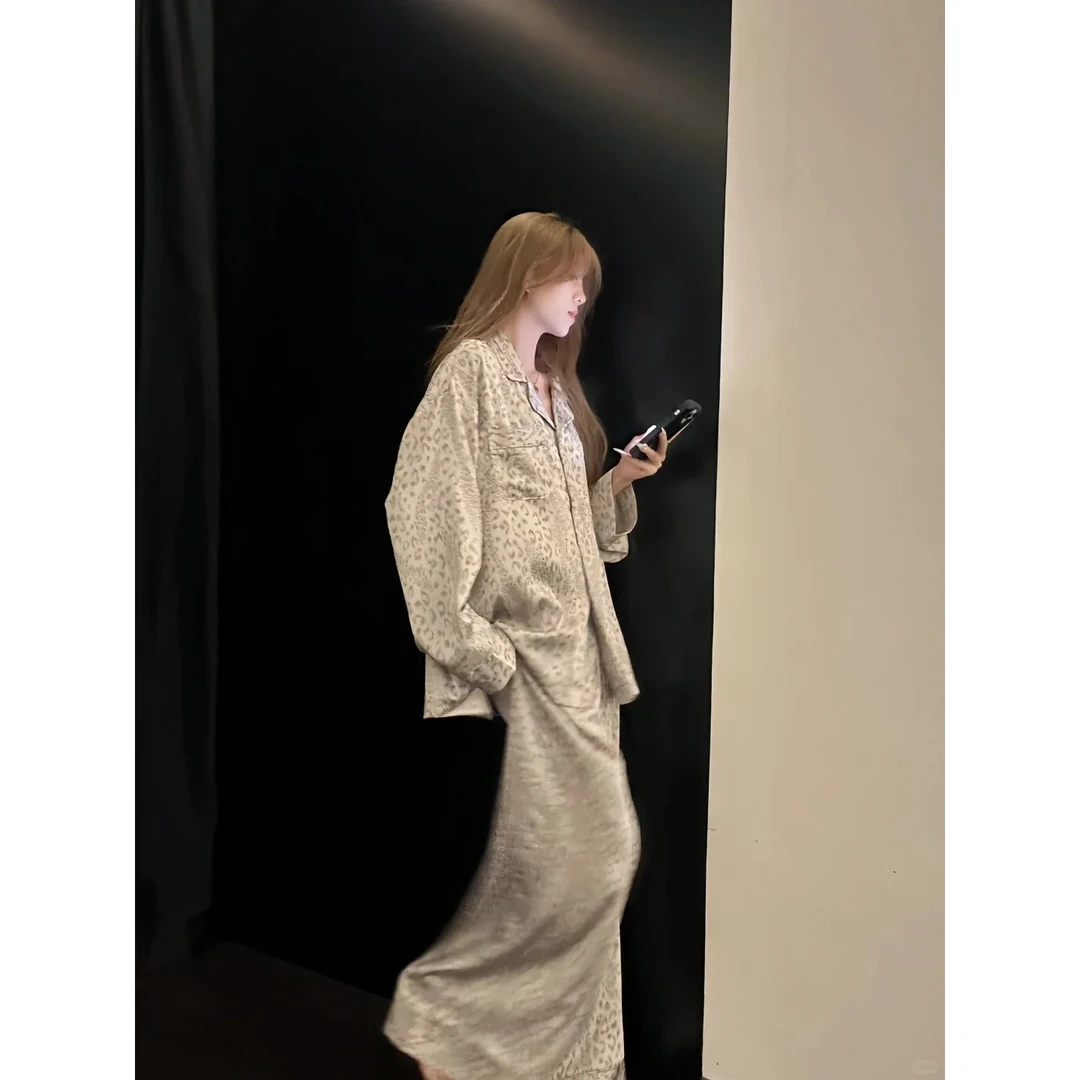 睡衣女春秋长袖长裤云朵棉高档可外穿豹纹家居服设计感网红风套装