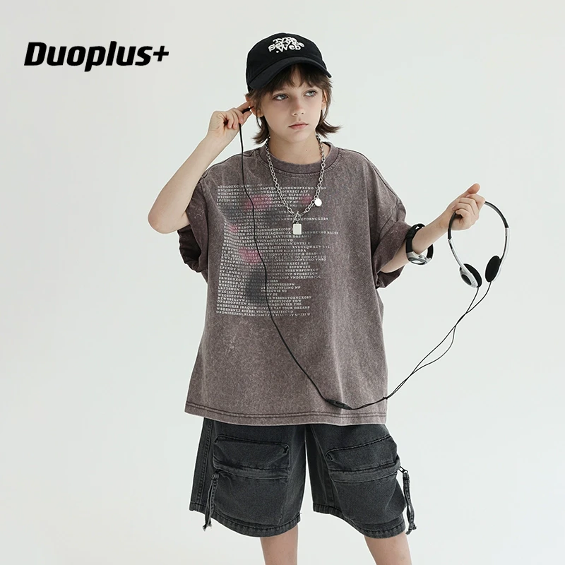 多加潮牌童装男童砂洗短袖T恤儿童潮酷半袖2025年夏装新款中大童