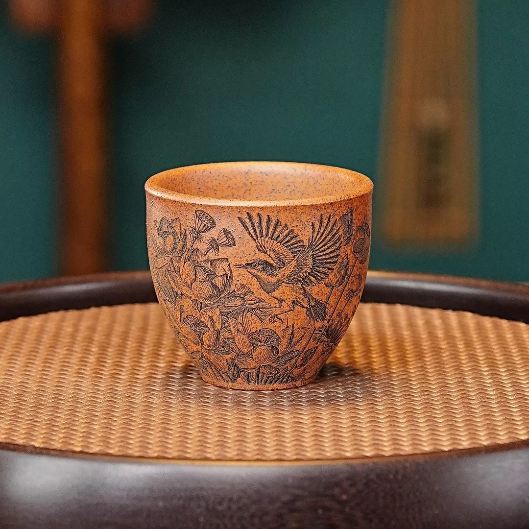 宜兴全手工紫砂茶具 原矿龙骨金砂泥料柴烧刻绘好运连连主人杯