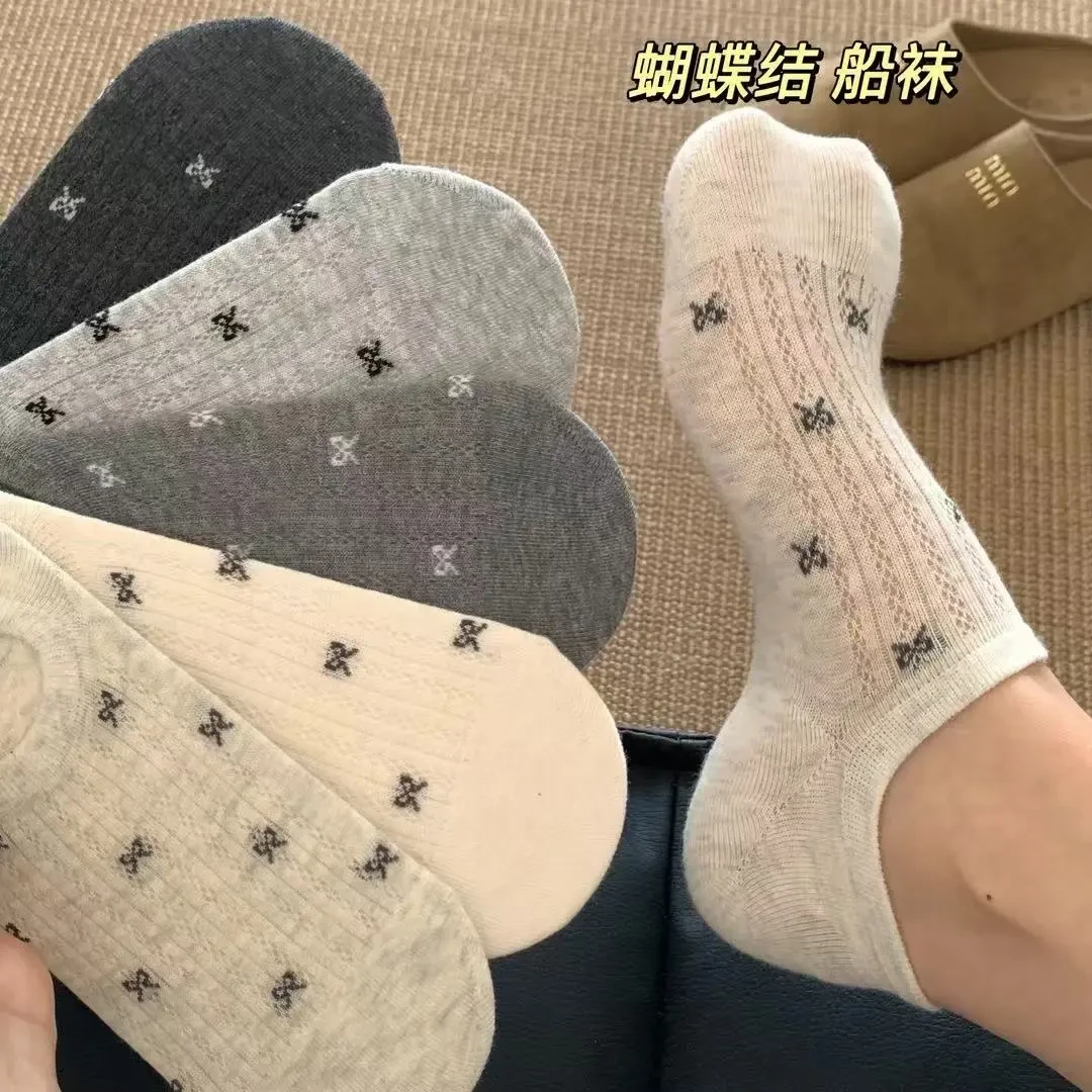 【5双装】夏季薄款蝴蝶结ins风女士袜子船袜浅口防滑不掉跟隐形透气