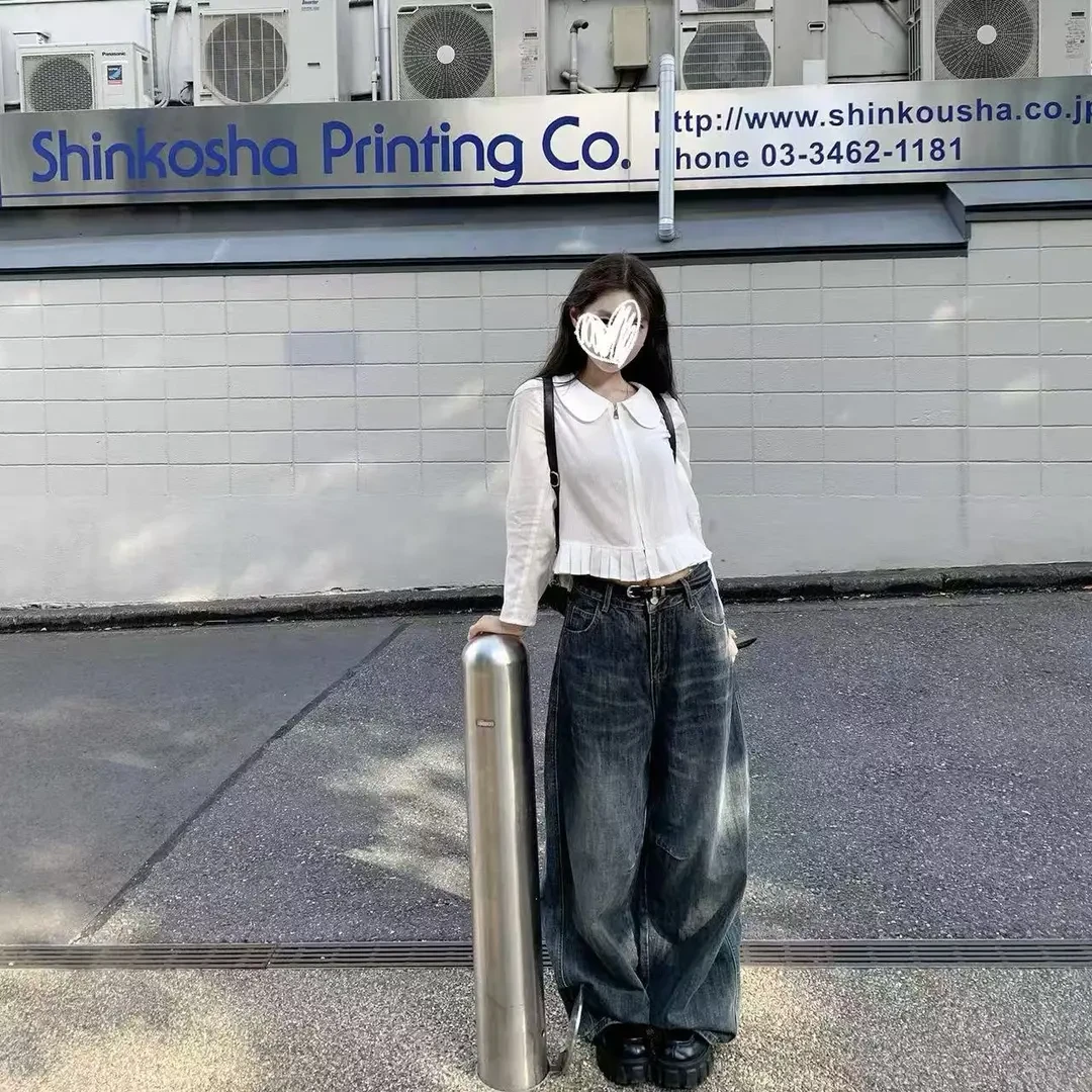 秋季新款压褶设计收腰拉链衬衣条纹娃娃领衬衫女生韩系ins衣服