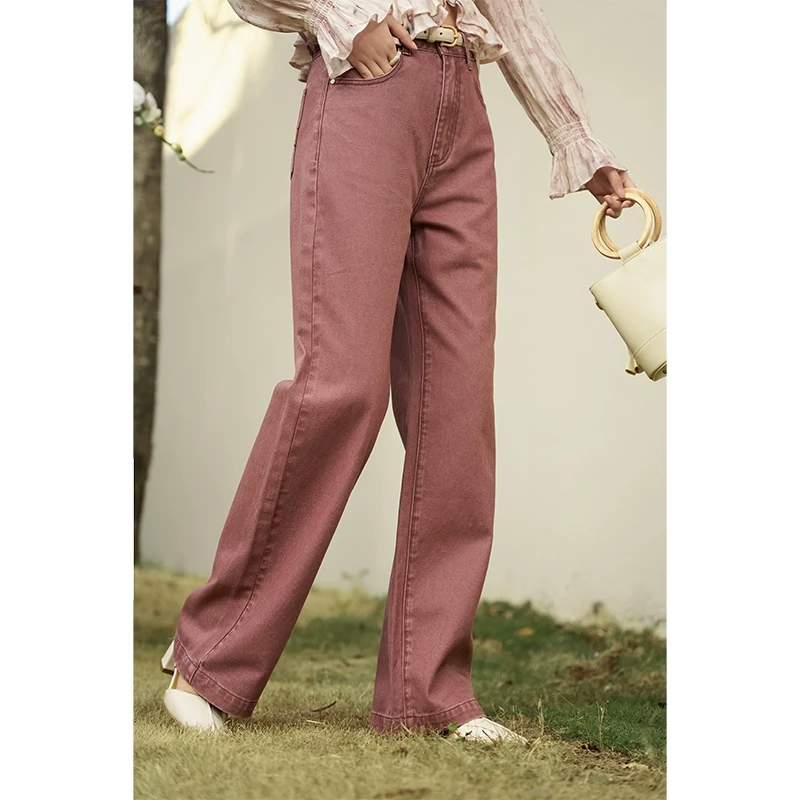 【直播专属】谜秀粉色阔腿直筒牛仔裤高腰显瘦垂感裤子MXD11K0543