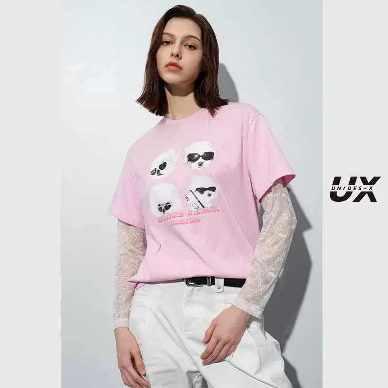 UX2025新款粉色蕾丝拼接长袖T恤女 时尚通勤百搭圆领上衣