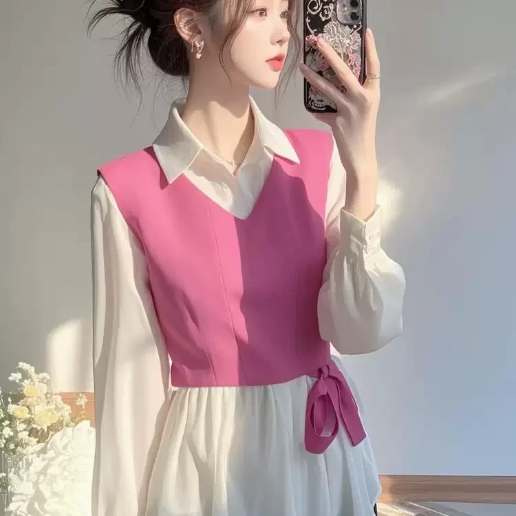 法式高级感粉色设计感长袖衬衫女春季假两件洋气减龄漂亮别致上衣