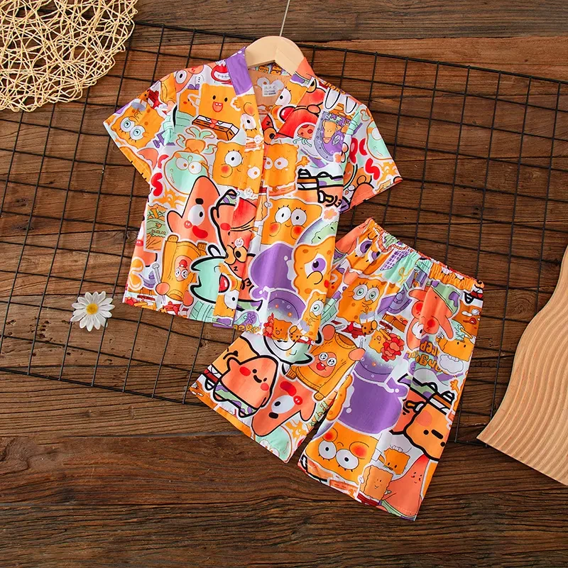 夏天儿童短袖睡衣棉绸男大童女童冰丝套装开衫绵绸空调家居服薄款