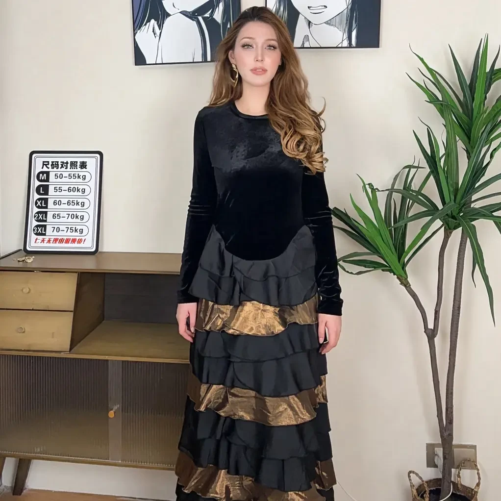 冬季高级感丝绒接拼荷叶边蛋糕连衣裙女洋气显瘦气质新款