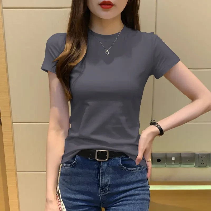 短袖T恤女纯色正肩显瘦百搭2025夏季修身小圆领韩版简约时尚上衣