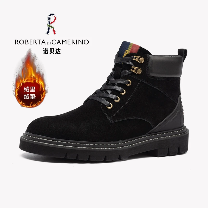 诺贝达秋冬新款商务休闲短靴男士真皮厚底加绒保暖工装马丁靴