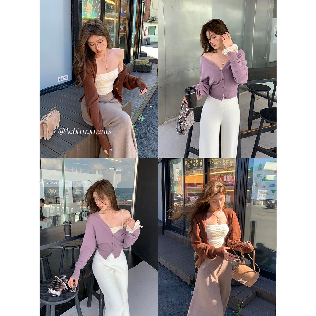 大也池△紫色V领羊毛针织开衫长袖单排扣慵懒毛衣短款打底上衣