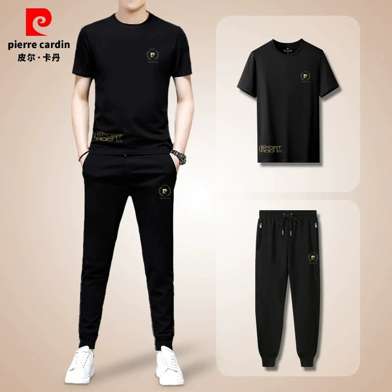 皮尔卡丹2025新款夏季圆领休闲短袖t恤男士显瘦两件套装P1003