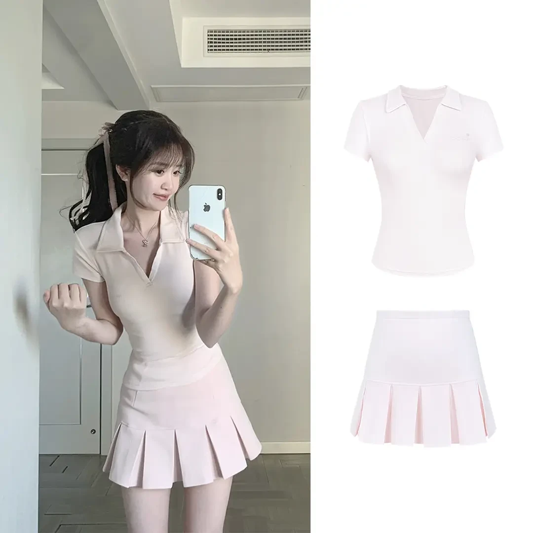 【粉雾絮语】正肩polo领短袖修身显瘦上衣少女感休闲百褶裙两件套装