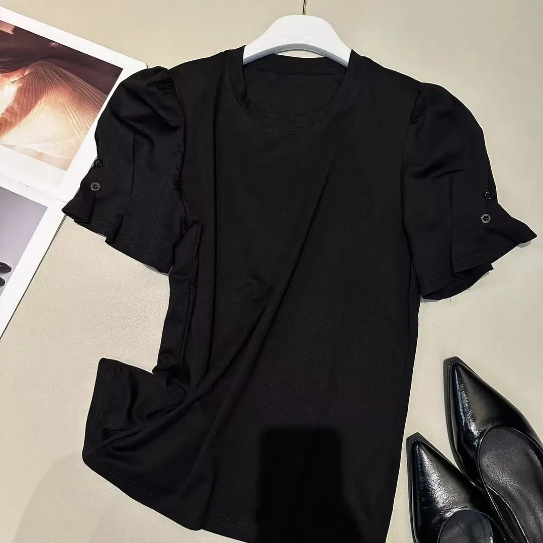 《姚家优麦汇》Y5692春夏款圆领设计感时尚百搭短袖显瘦上衣女