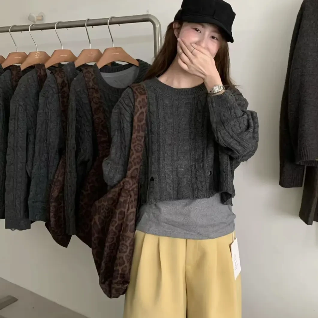 厚款保暖豹纹常规款口袋毛衣开衫网红百搭套头三件套带包包