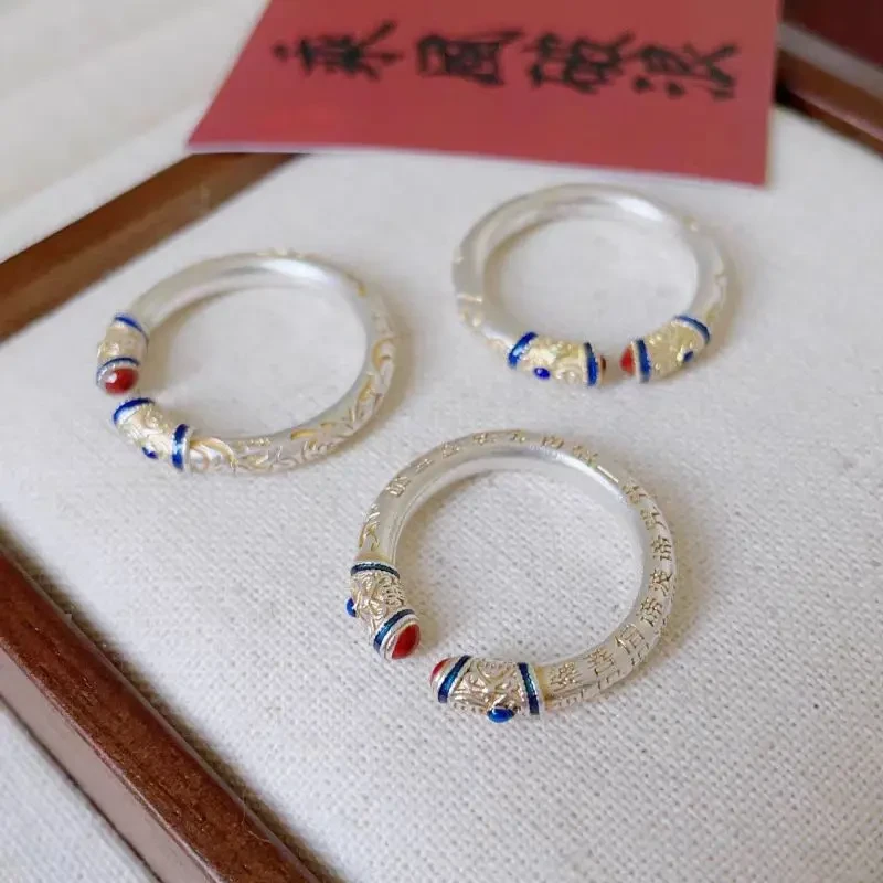 足银珐琅戒指 足银戒指纯银9999吉言卷草纹戒指女实心描金情侣银