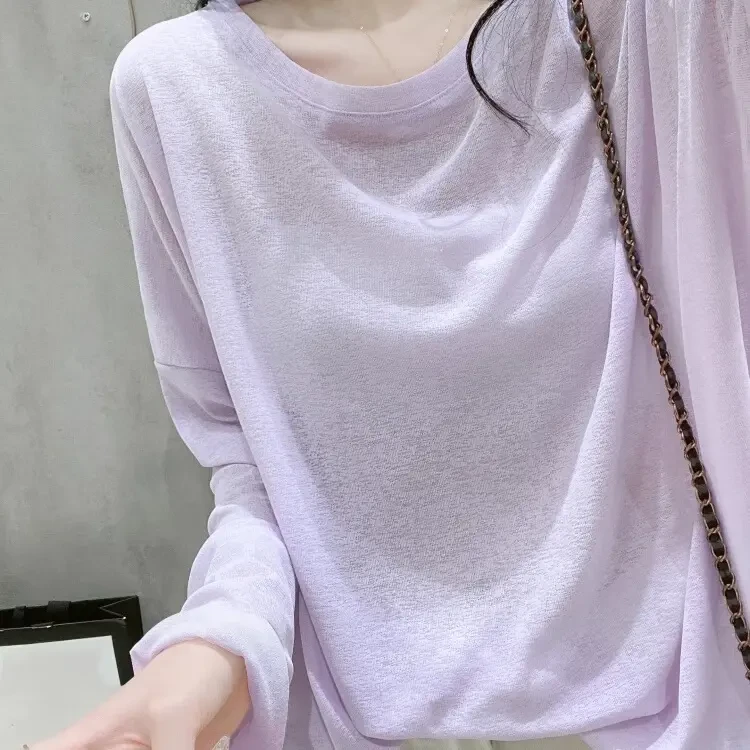 夏季长袖防晒罩衫女装慵懒风薄款针织衫圆薄款95%羊绒圆领慵懒风