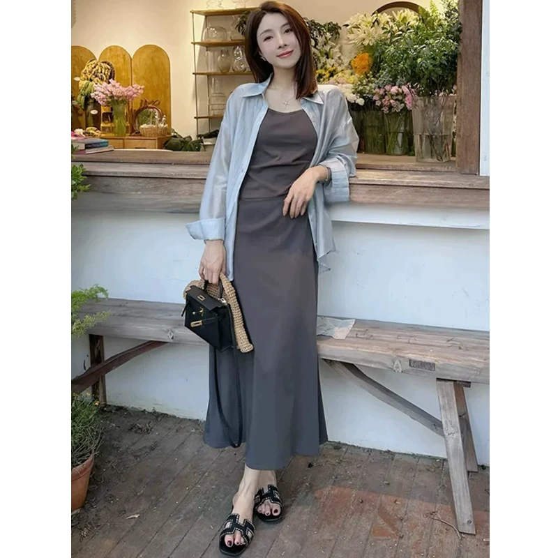 今年流行的时尚套装女夏季雪纺防晒衬衫吊带裙高级感小洋装两件套