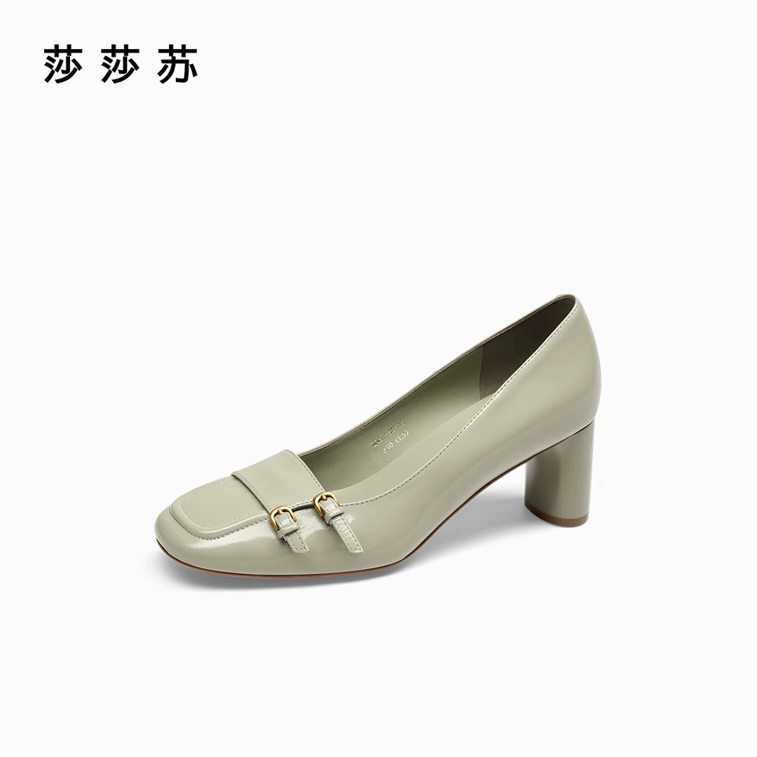 [优雅步调]莎莎苏春新款简约通勤真皮粗跟中跟浅口单鞋ZA65130-13