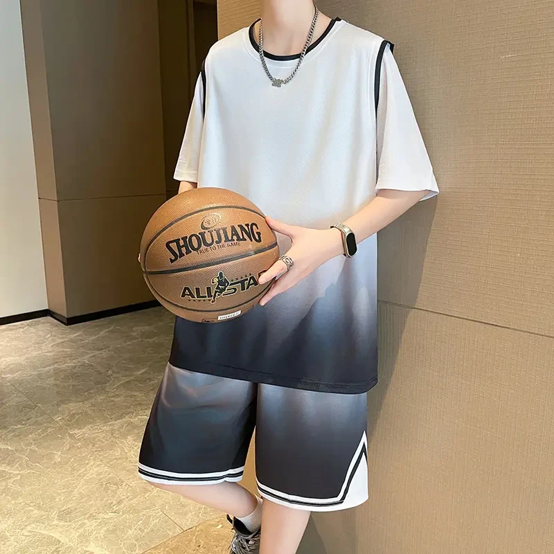 青少年学生渐变篮球服冰丝速干夏季新款男生短袖T恤休闲运动套装
