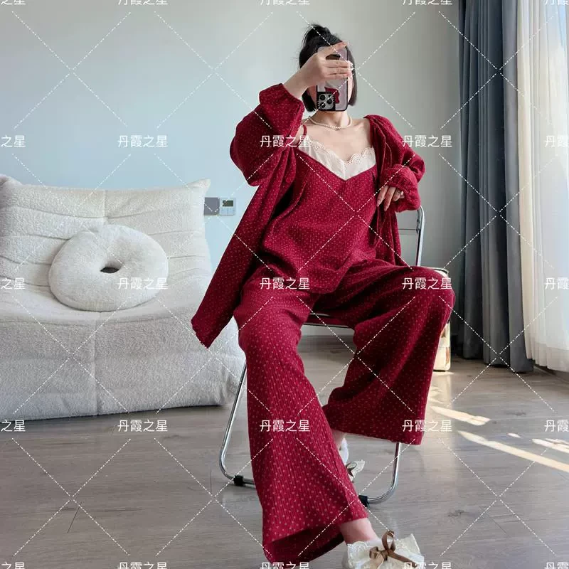 带胸垫睡衣女25年新款酒红色韩国吊带蕾丝三件套纯棉棉纱家居服