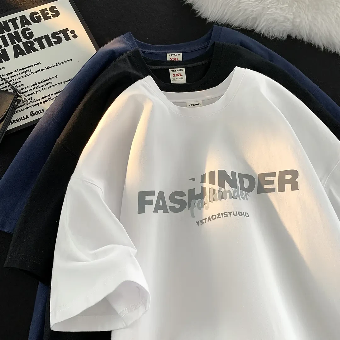 潮牌短袖T恤男夏季新款日系简约字母印花宽松休闲圆领打底五分袖