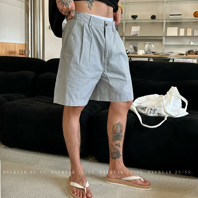 OXFREAK「暗纹方格 可调节腰带」灰色短裤男直筒宽松垂感通勤中裤