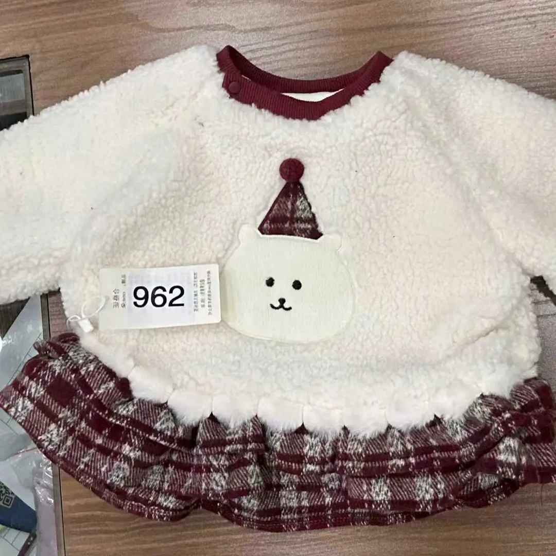 One朵-冬季女童格纹拼接下摆加绒卫衣