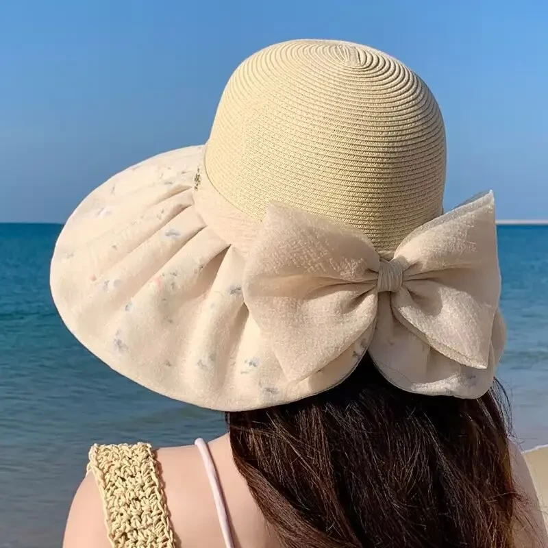 防晒防紫外线渔夫帽女夏季遮阳帽蝴蝶结大帽檐太阳帽可折叠沙滩帽