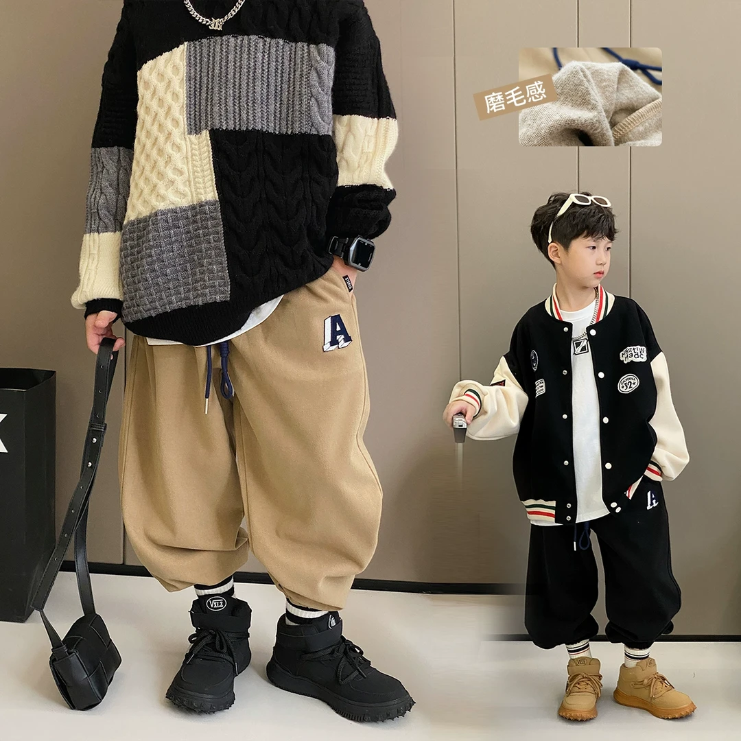 自制男童裤子2024洋气中大童毛呢休闲裤韩版儿童运动裤厚TY08132